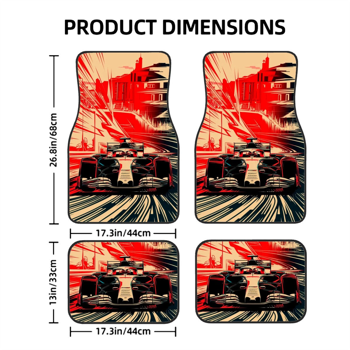 F1 illustration inspired car floor mats product flat lat mockup image.
