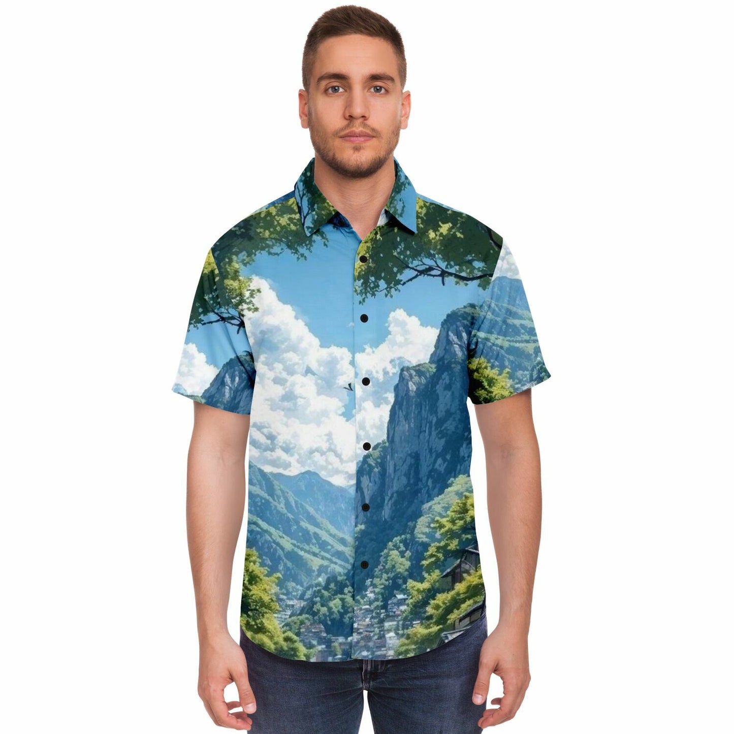 GTR in Japanese Mountains Short Sleeve Button Down Shirt - AOP