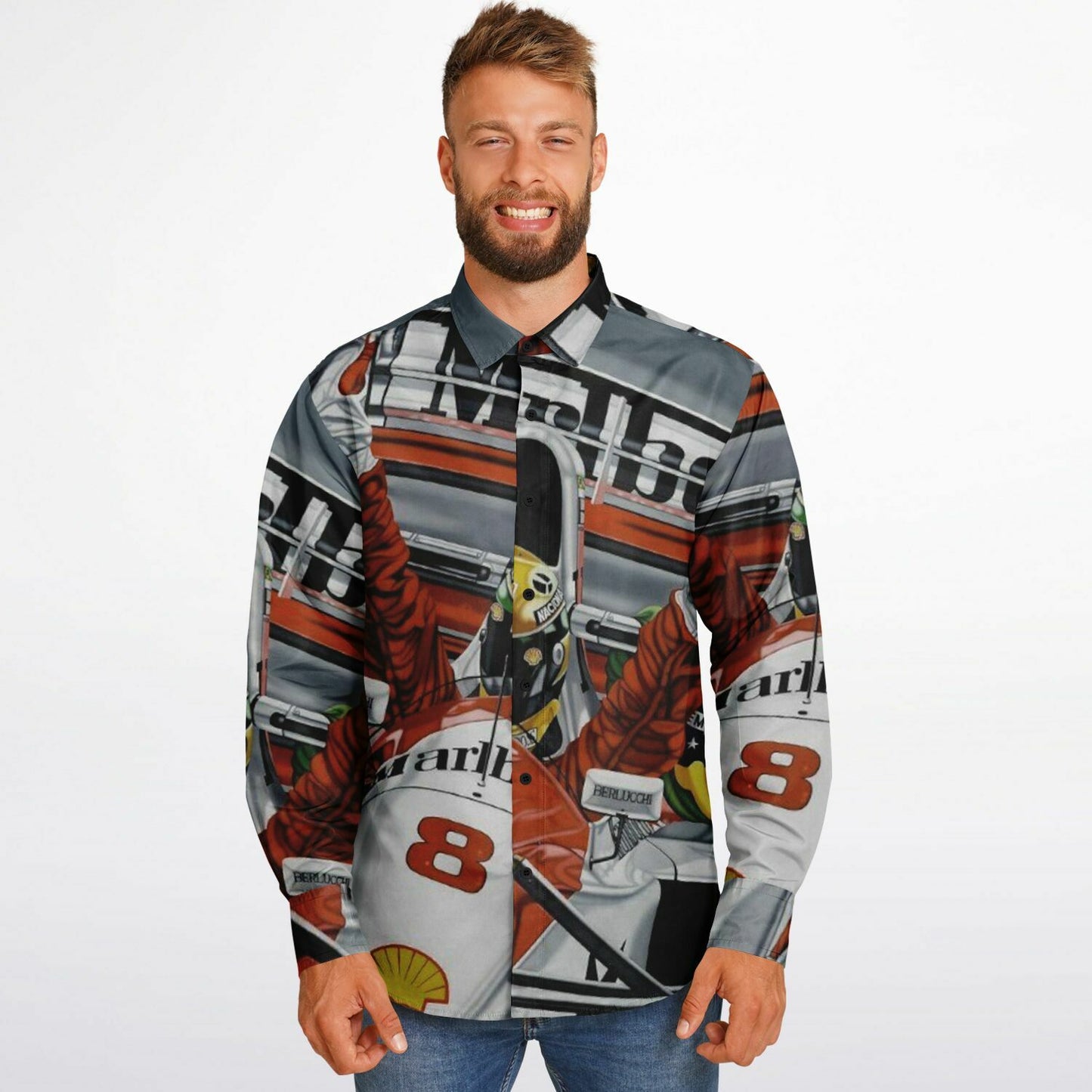 F1 Win Poster Long Sleeve Button Down Shirt - AOP