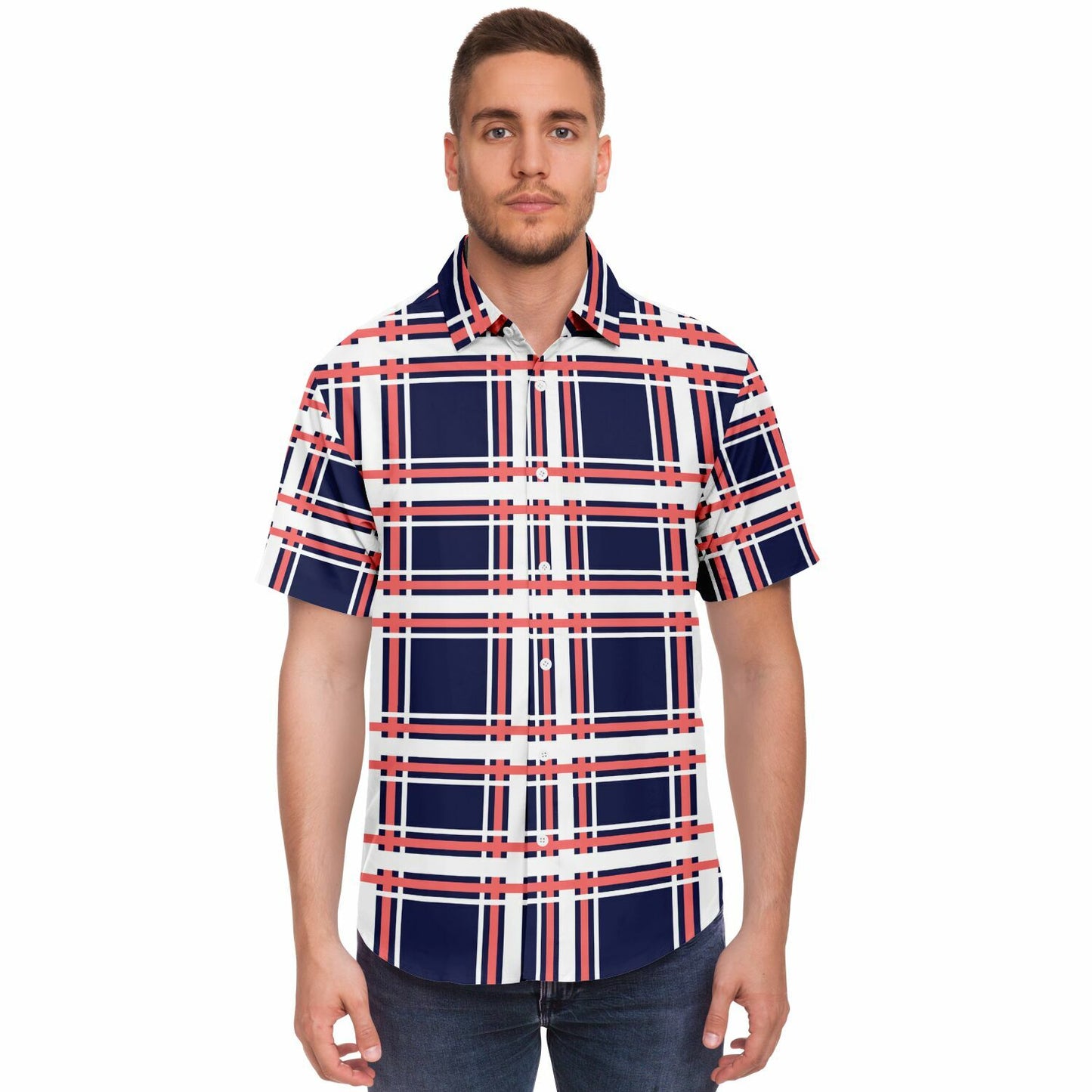 Purple Patterned Short Sleeve Button Down Shirt - AOP