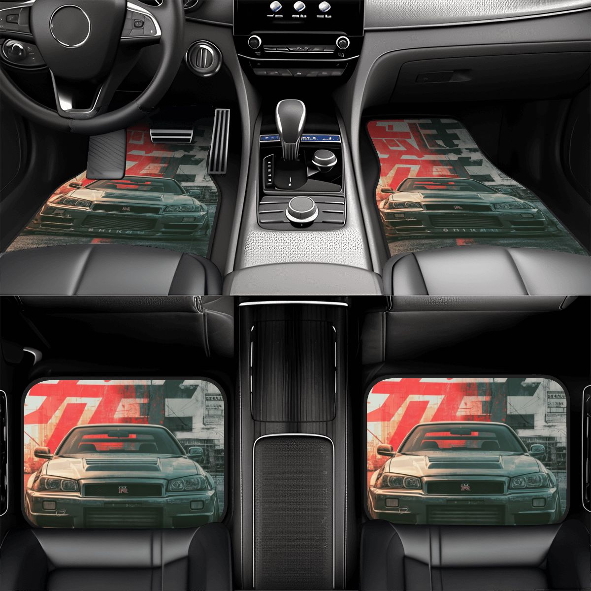 Car interior with floor mats featuring a car design on a checkered background