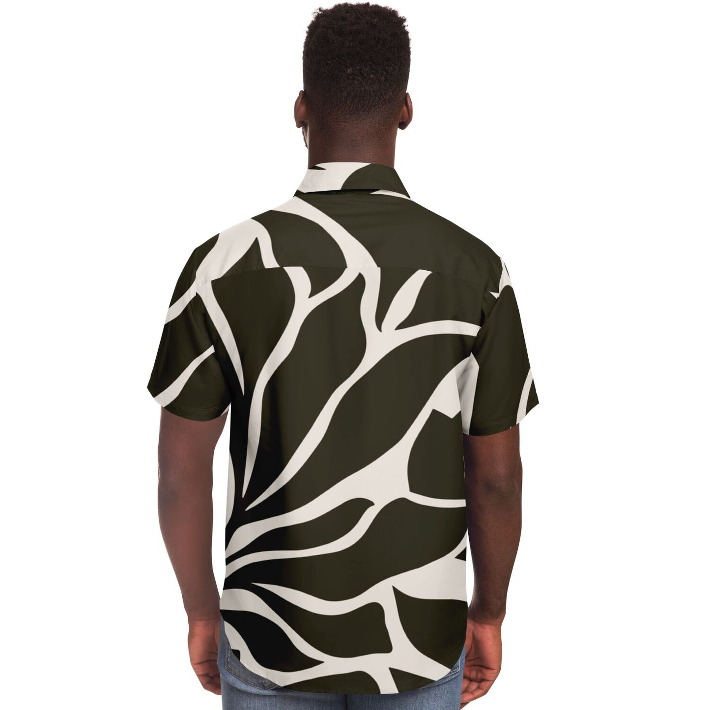 Black and White Leaves Pattern Short Sleeve Button Down Shirt - AOP