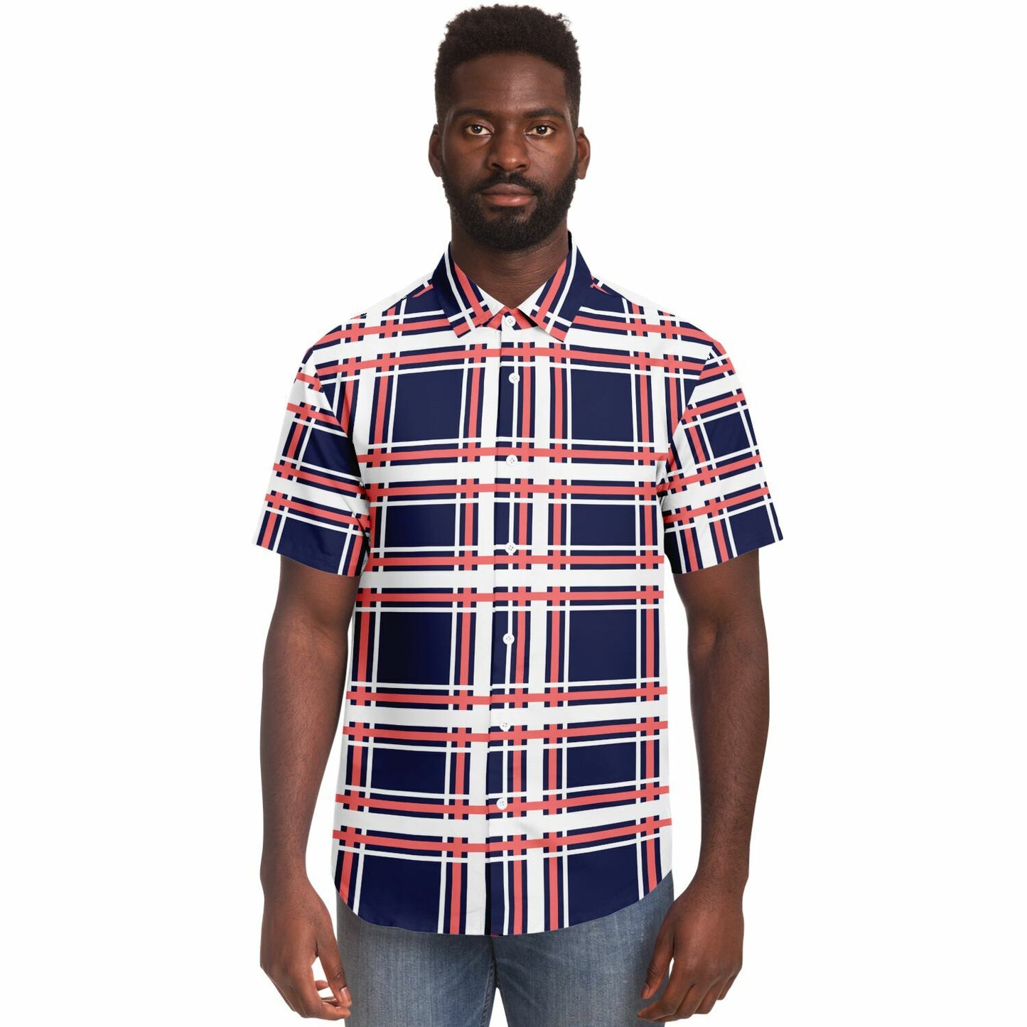 Purple Patterned Short Sleeve Button Down Shirt - AOP
