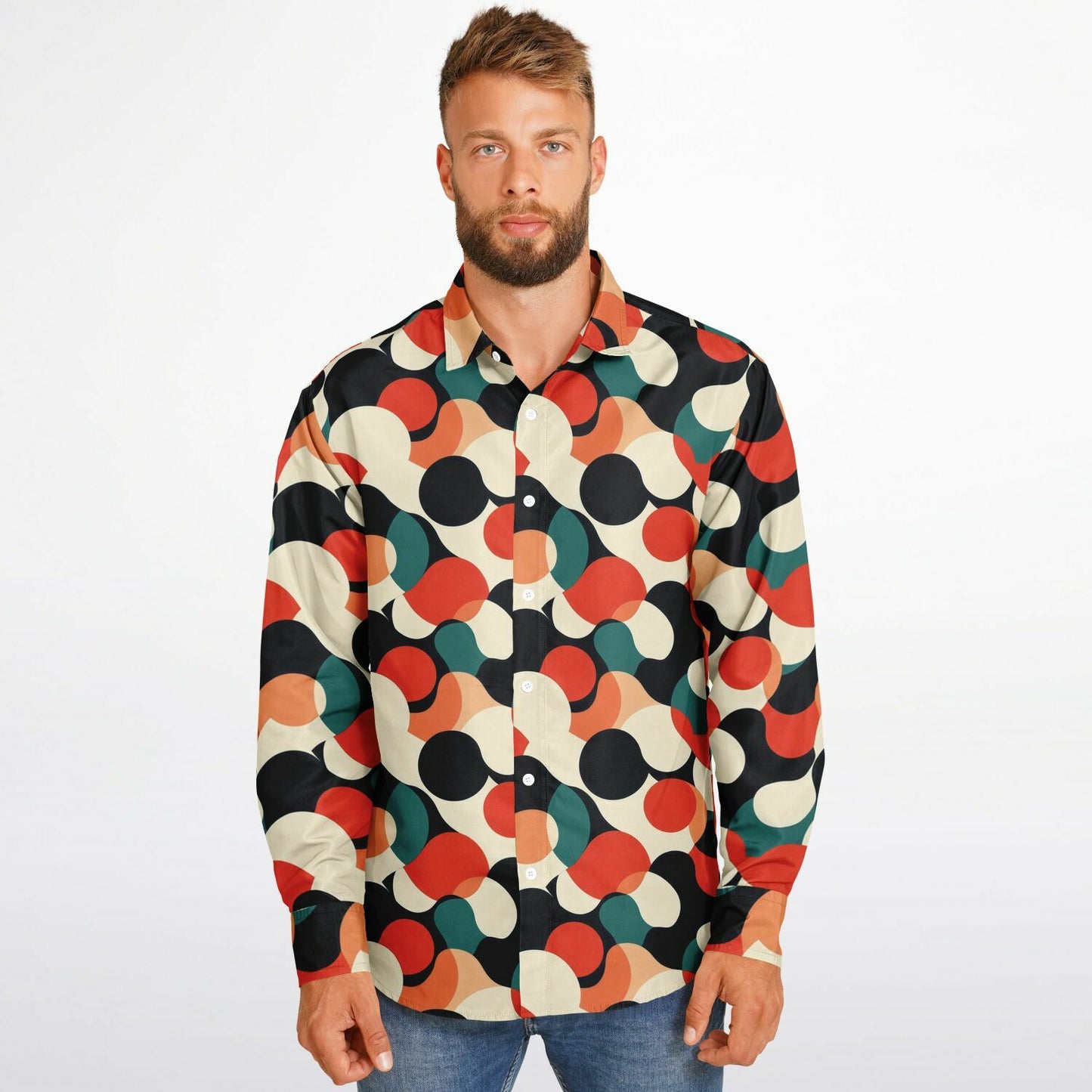 Abstract Colored Pattern Long Sleeve Button Down Shirt - AOP
