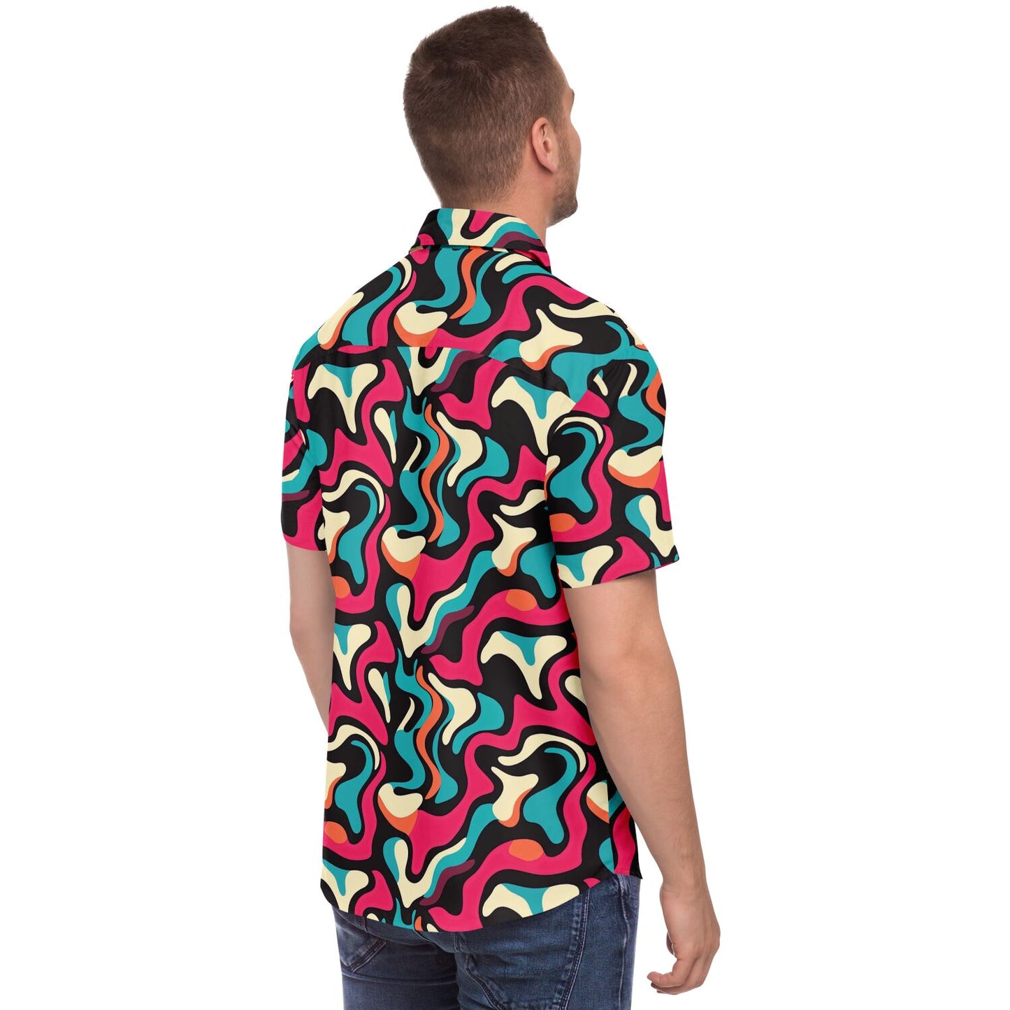 Red Blue Pattern Short Sleeve Button Down Shirt - AOP
