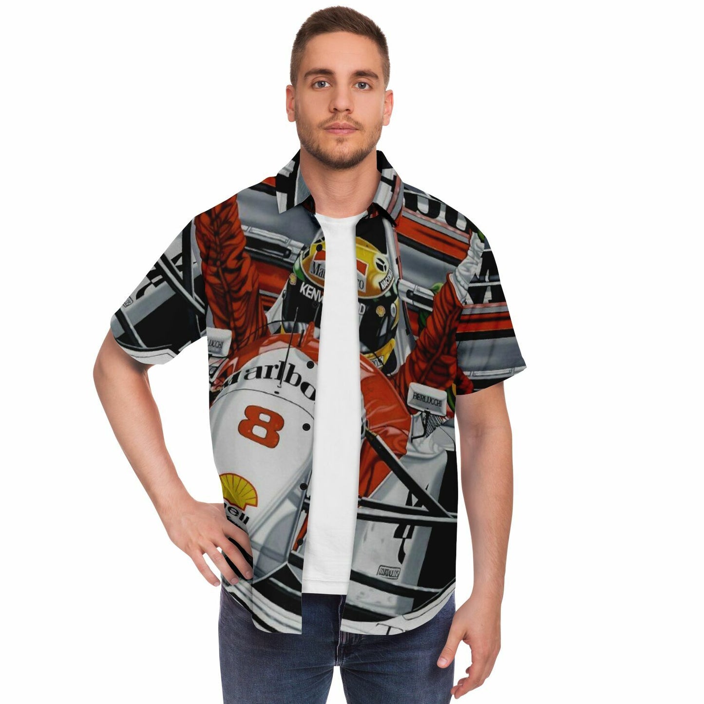 F1 Win Poster Short Sleeve Button Down Shirt - AOP