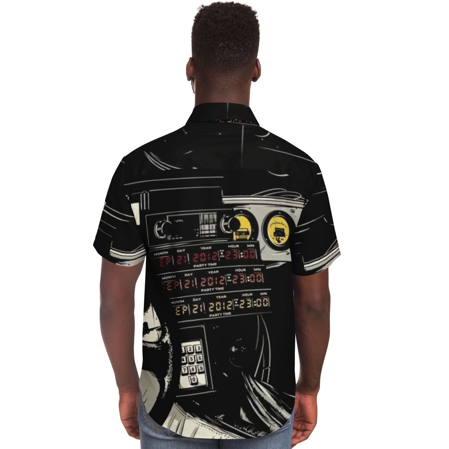 Delorean Time Machine Illustration Short Sleeve Button Down Shirt - AOP
