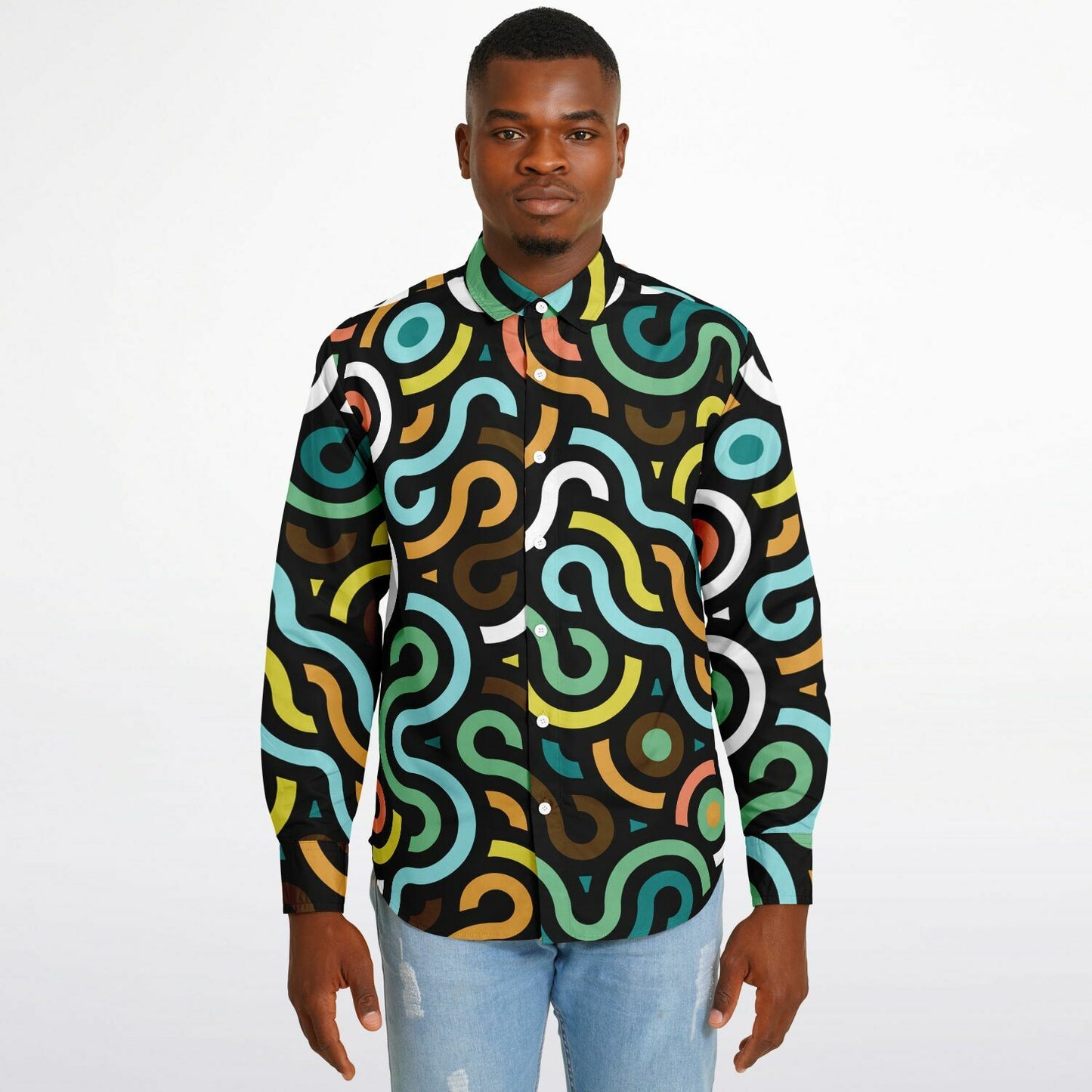Colored Doodle Art Long Sleeve Button Down Shirt - AOP