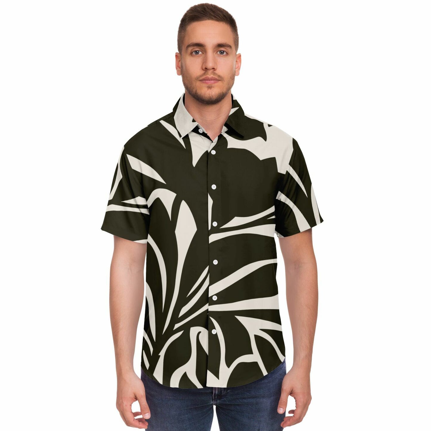 Black and White Leaves Pattern Short Sleeve Button Down Shirt - AOP