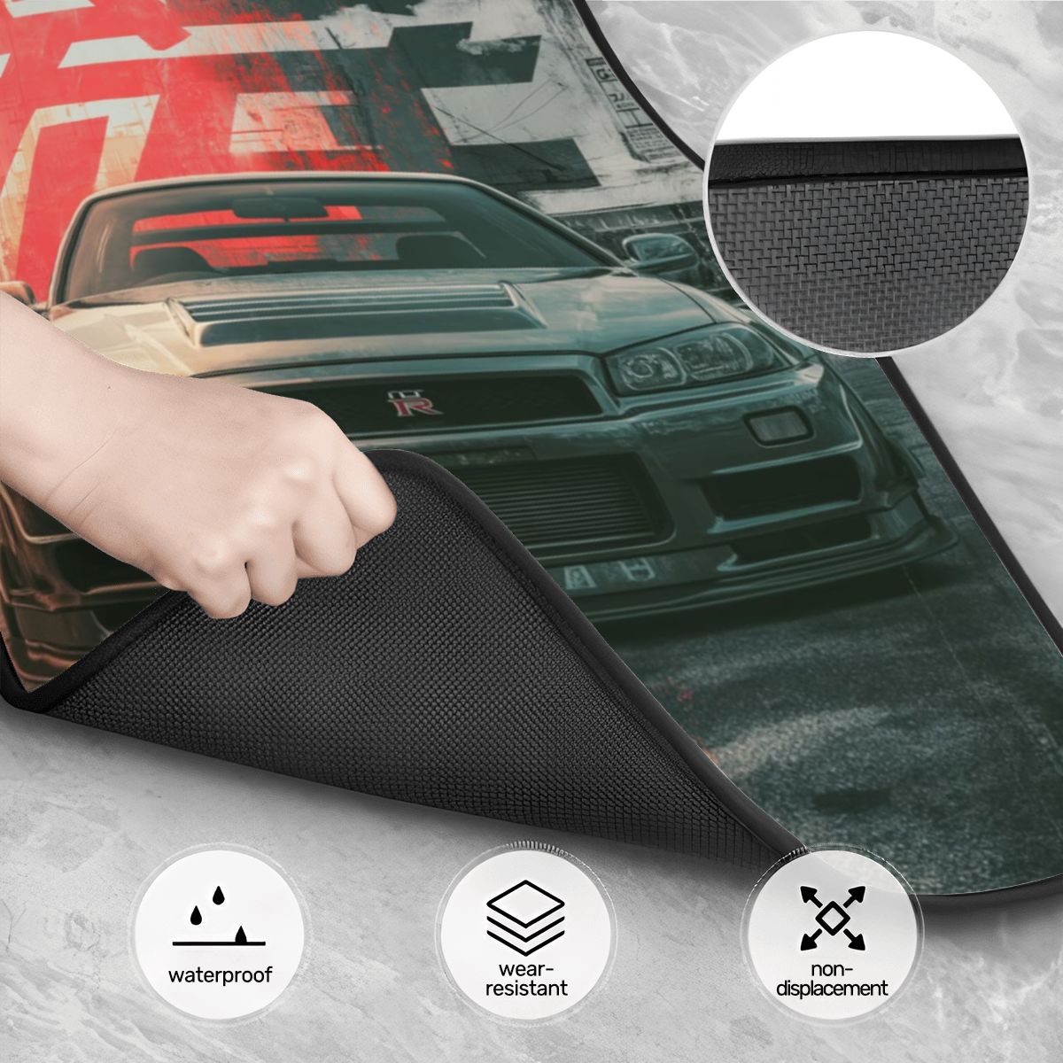 Car sunshade being held over a car with waterproof, wear-resistant, and non-displacement features highlighted.