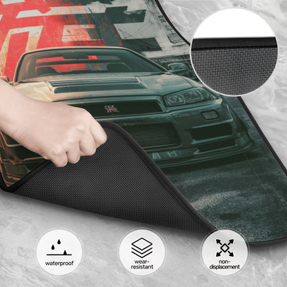 Car sunshade being held over a car with waterproof, wear-resistant, and non-displacement features highlighted.