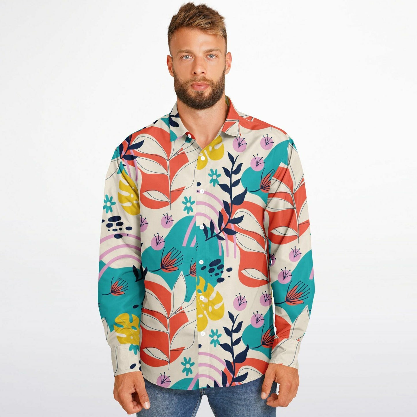 Floral Painting Long Sleeve Button Down Shirt - AOP