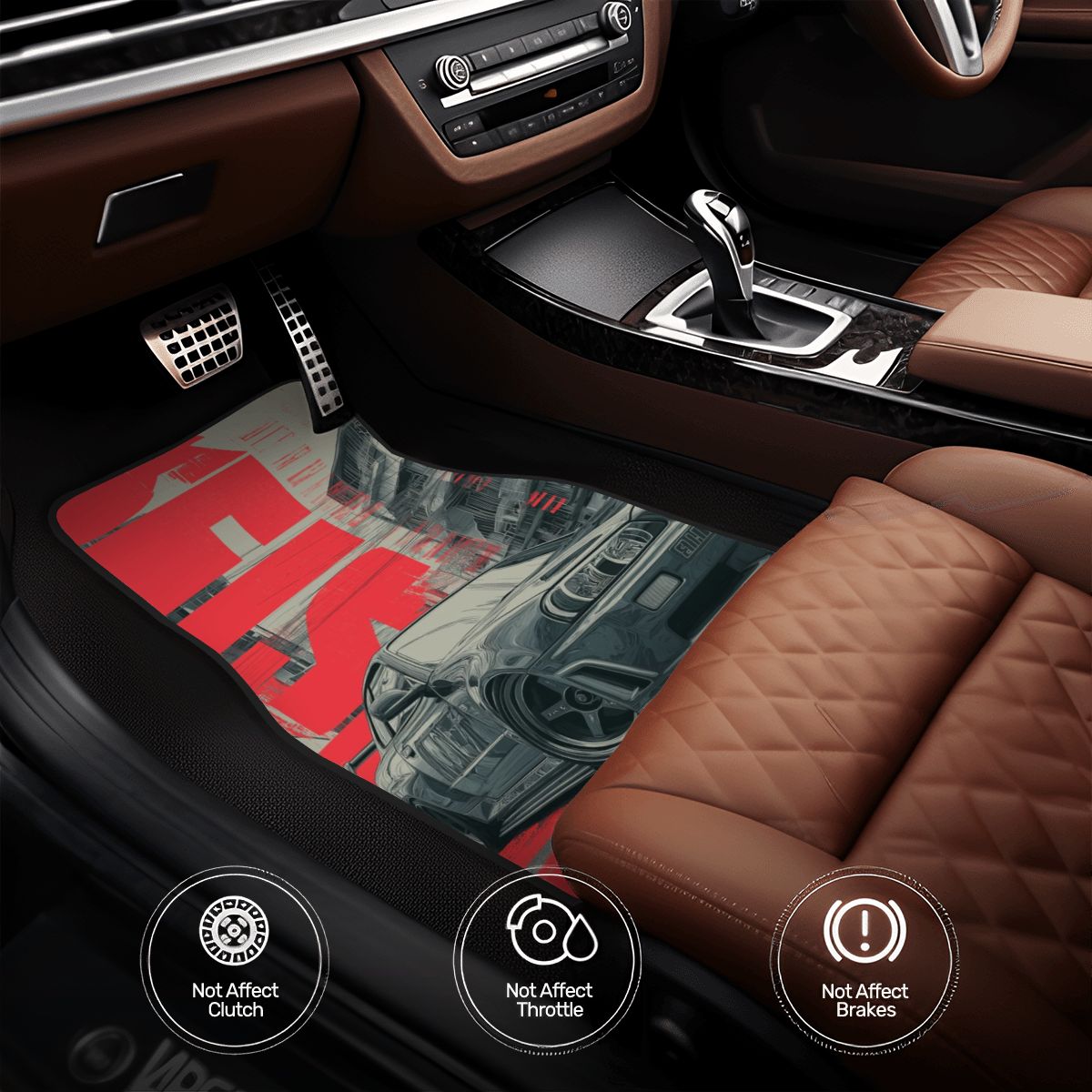 Car interior with a red and gray floor mat featuring a car design.