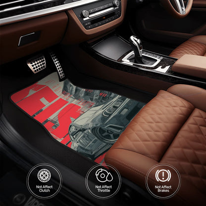 Car interior with a red and gray floor mat featuring a car design.