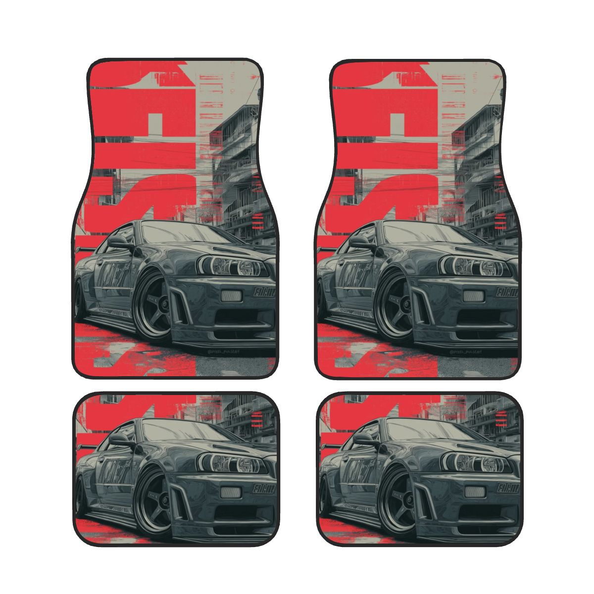 Four car floor mats with a graphic design of a car on a red and gray background.
