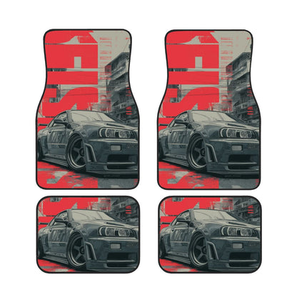 Four car floor mats with a graphic design of a car on a red and gray background.