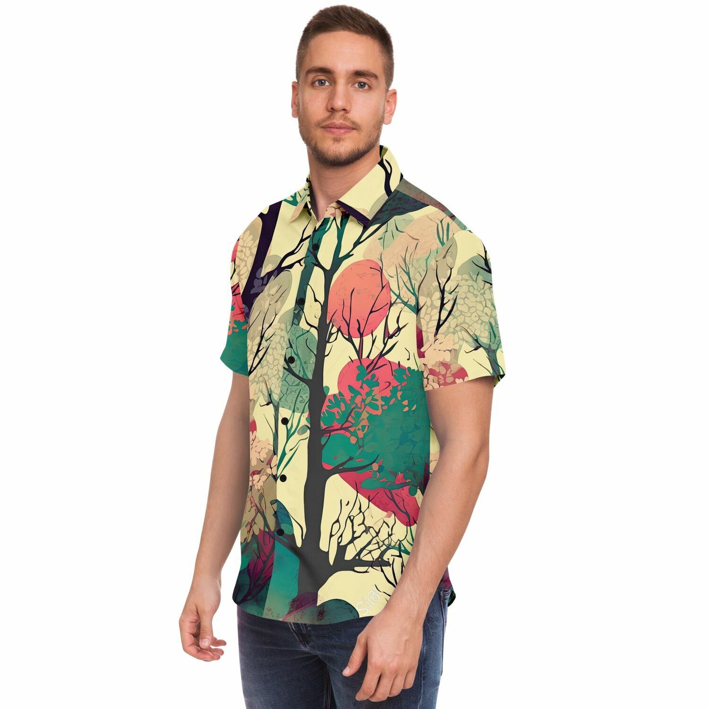 Forest Trees in Autumn Short Sleeve Button Down Shirt - AOP
