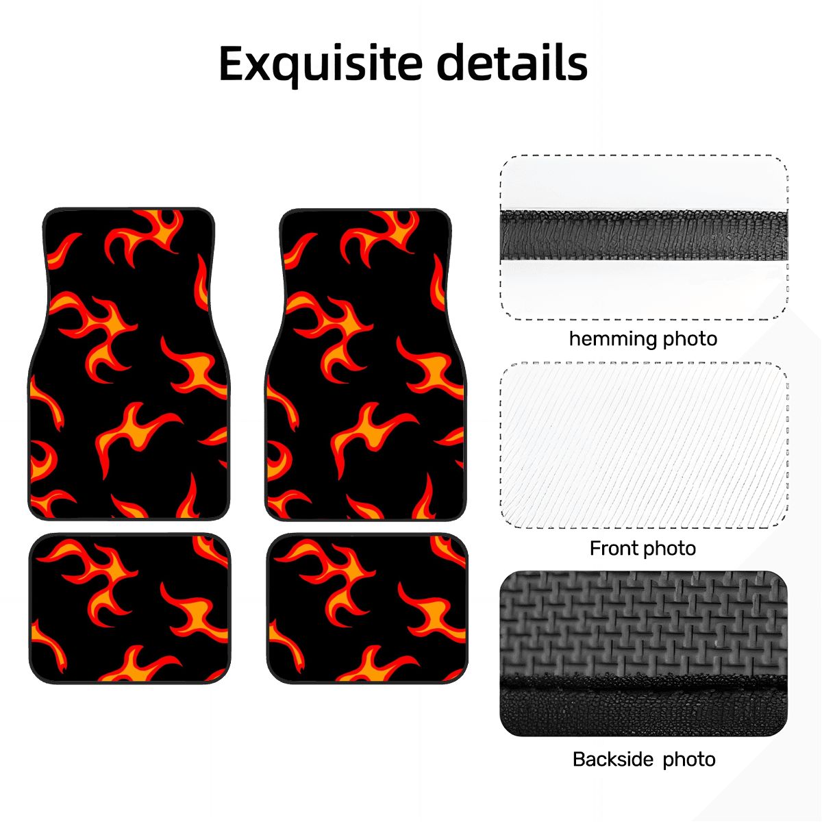 Car floor mats with flame pattern and additional photos showing hemming, front, and backside details.