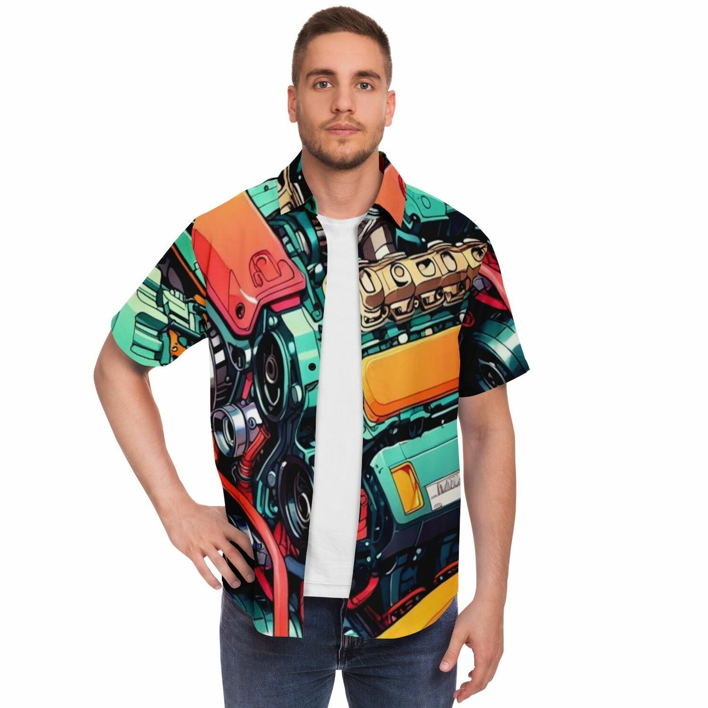 Engine illustration Short Sleeve Button Down Shirt - AOP