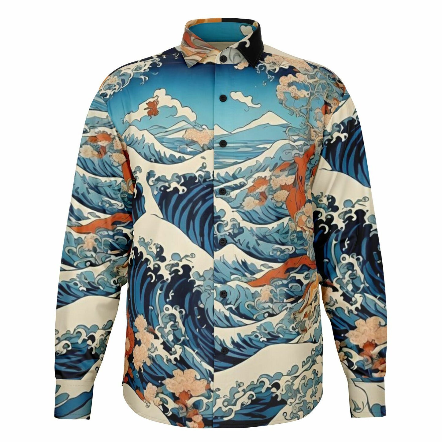 The Great Japanese Wave Artwork Long Sleeve Button Down Shirt - AOP