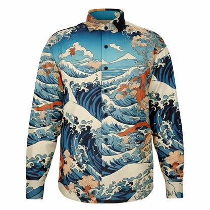 The Great Japanese Wave Artwork Long Sleeve Button Down Shirt - AOP