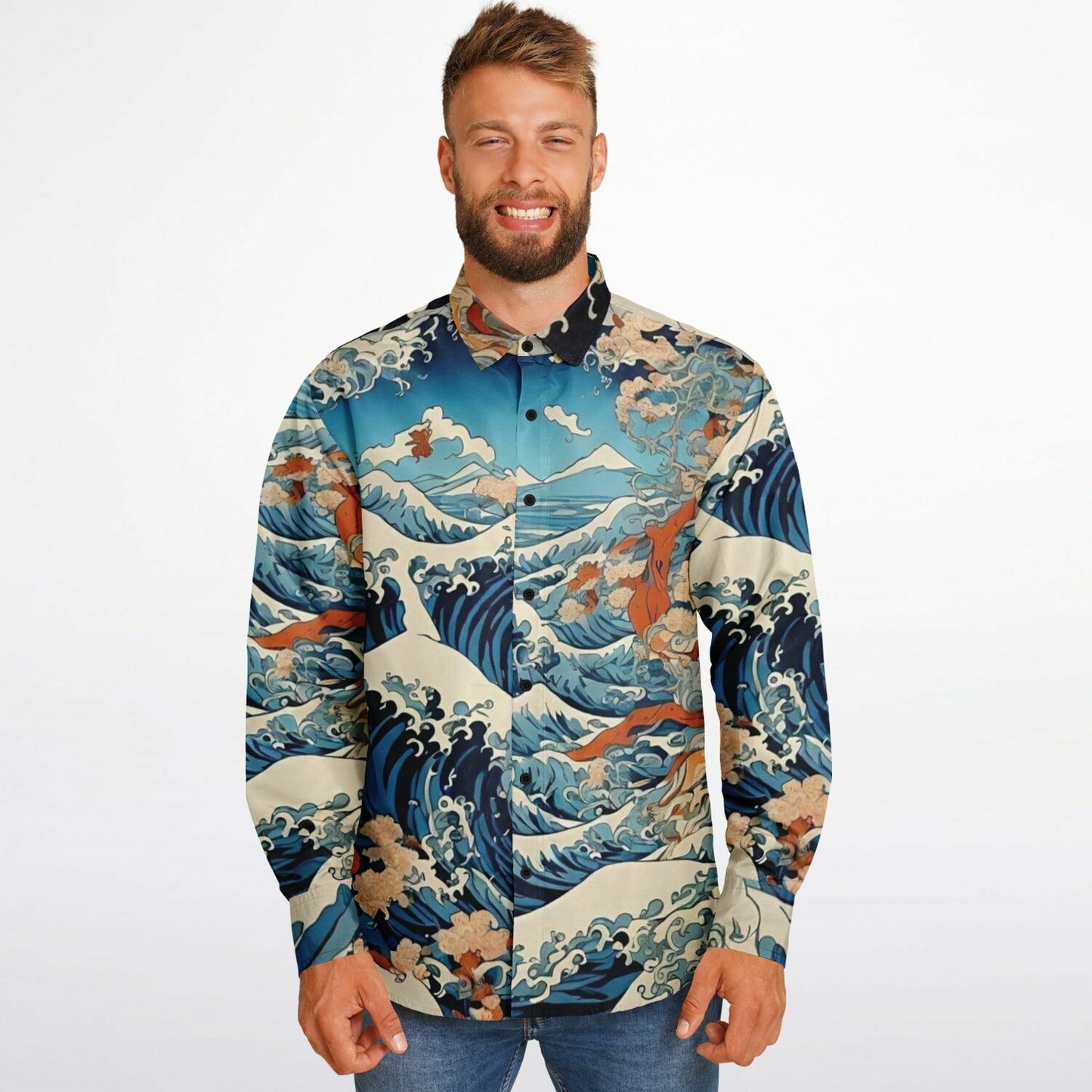 The Great Japanese Wave Artwork Long Sleeve Button Down Shirt - AOP