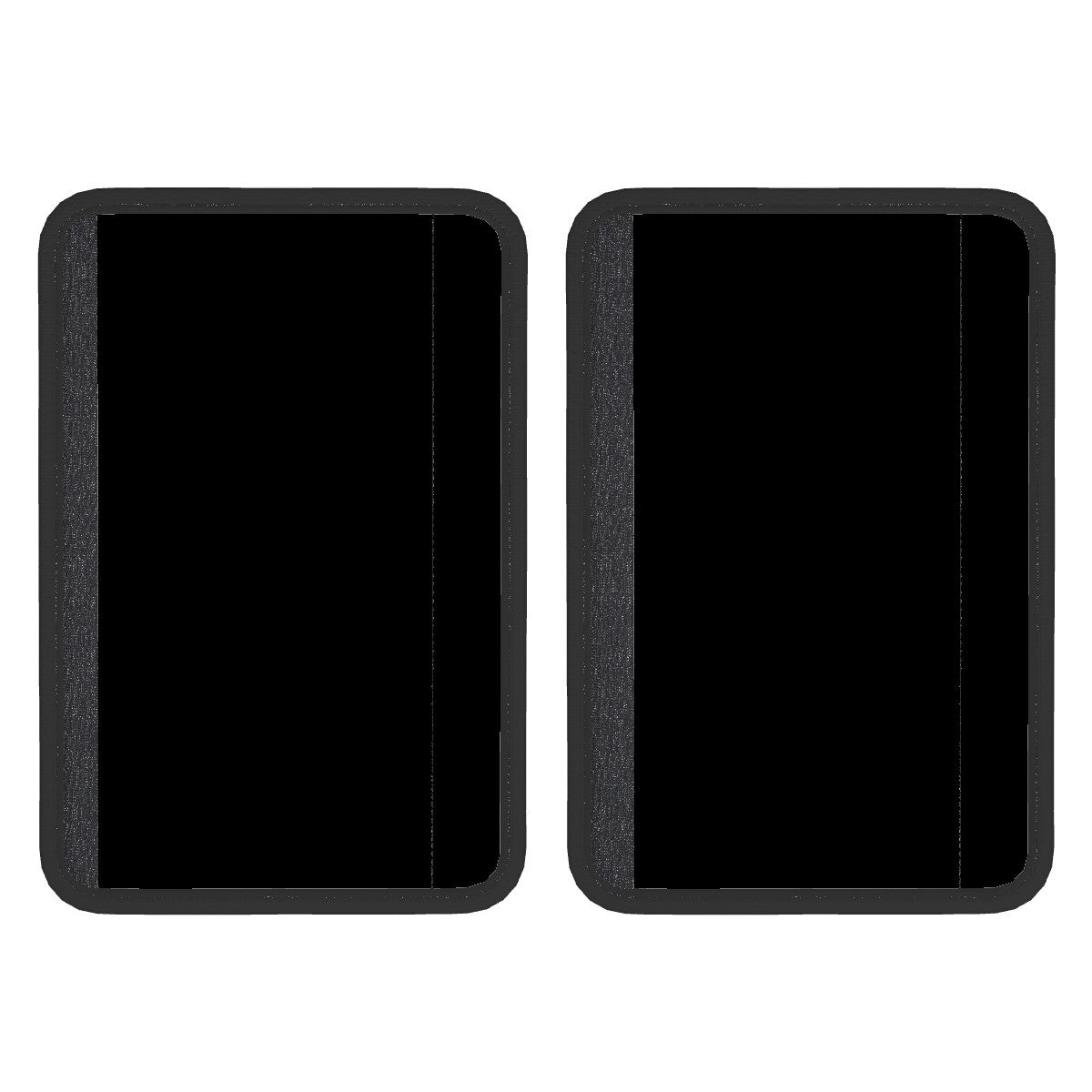 Two black neoprene seat belt cover pads with a velcro fastening system.