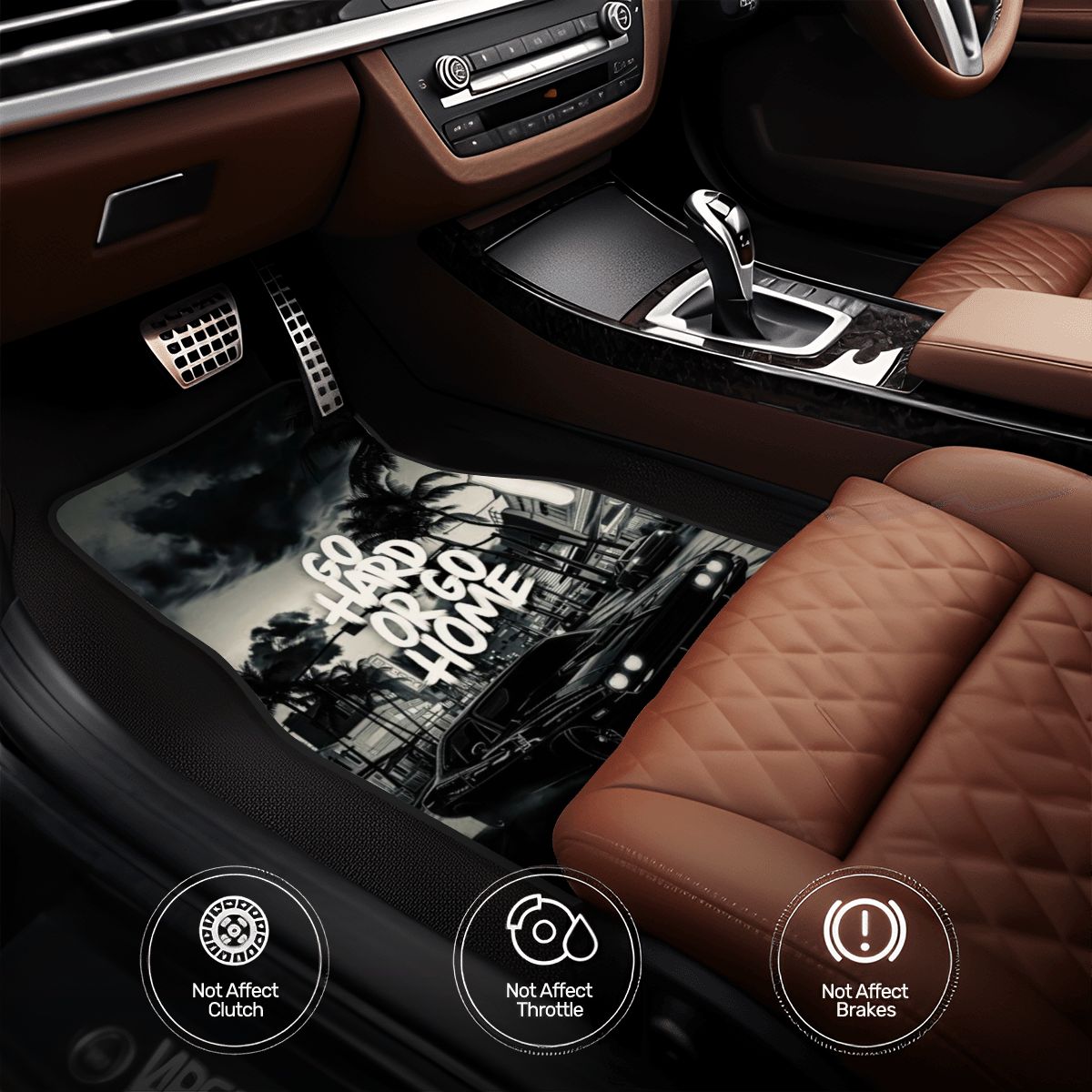 Car interior with a focus on the pedals and gear shift, featuring a black and white design on the floor mat.