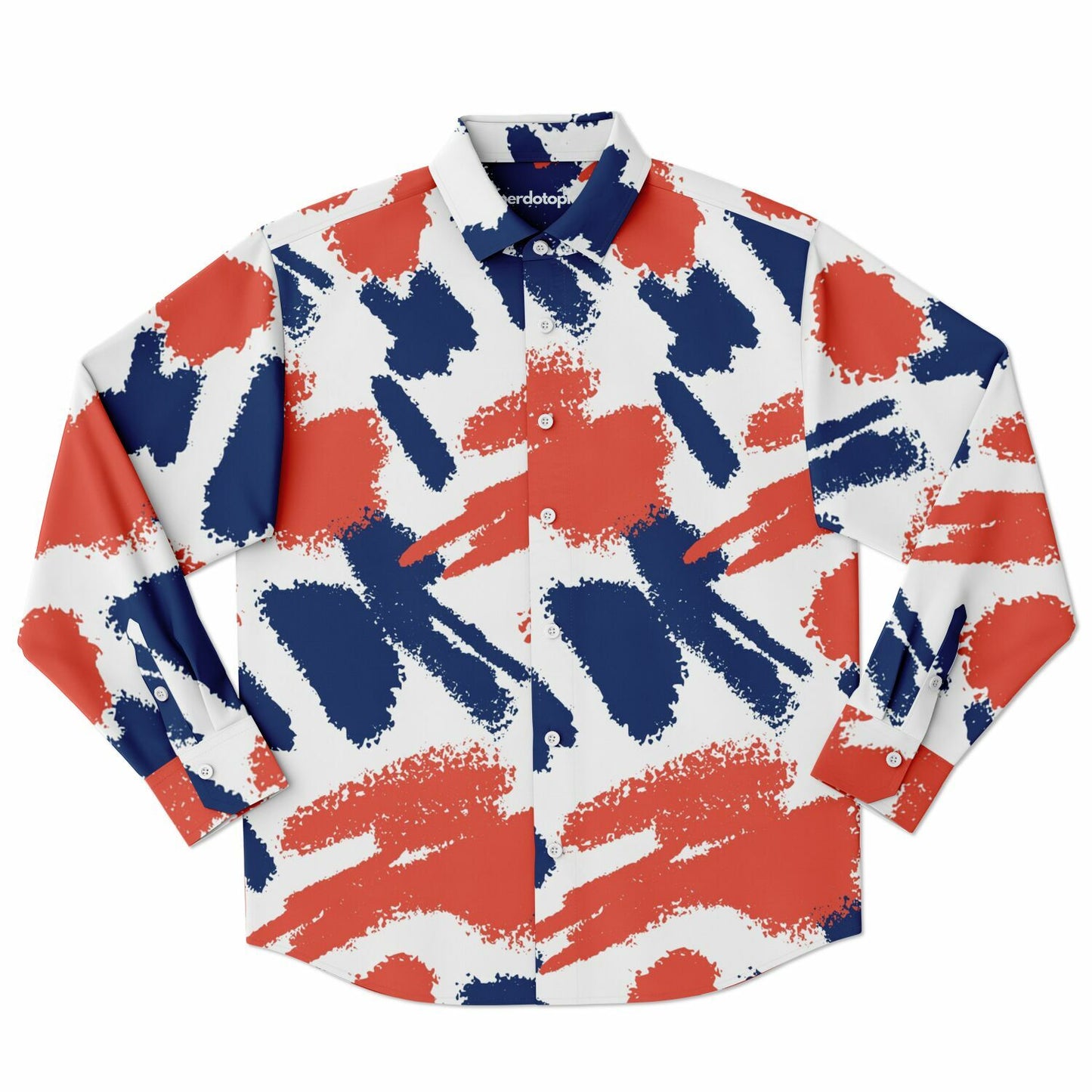 Red and Blue Brushstroke Long Sleeve Button Down Shirt - AOP