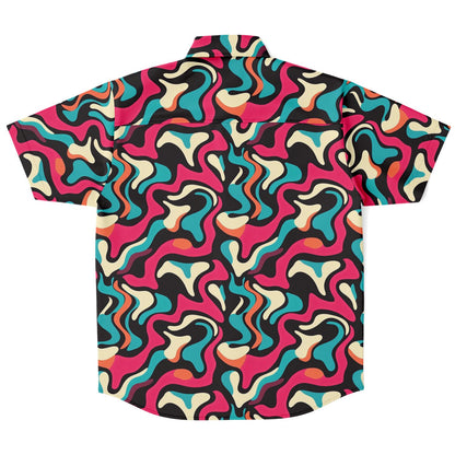 Red Blue Pattern Short Sleeve Button Down Shirt - AOP