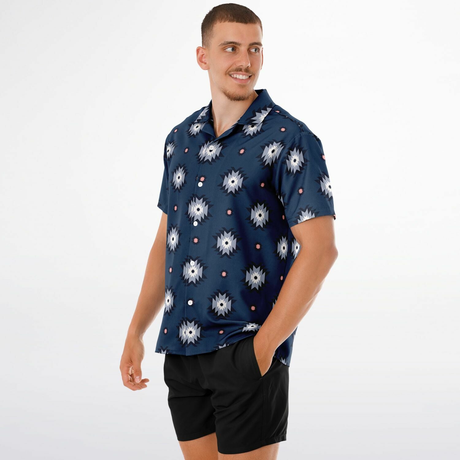 Aztec Pattern shirt mockup on male model from an angle
