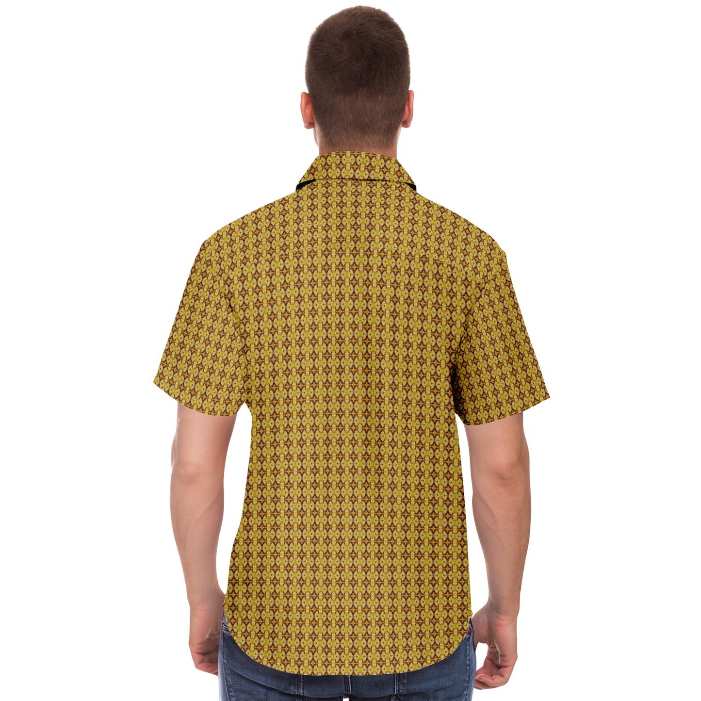 Unique Golden Pattern Short Sleeve Button Down Shirt - AOP