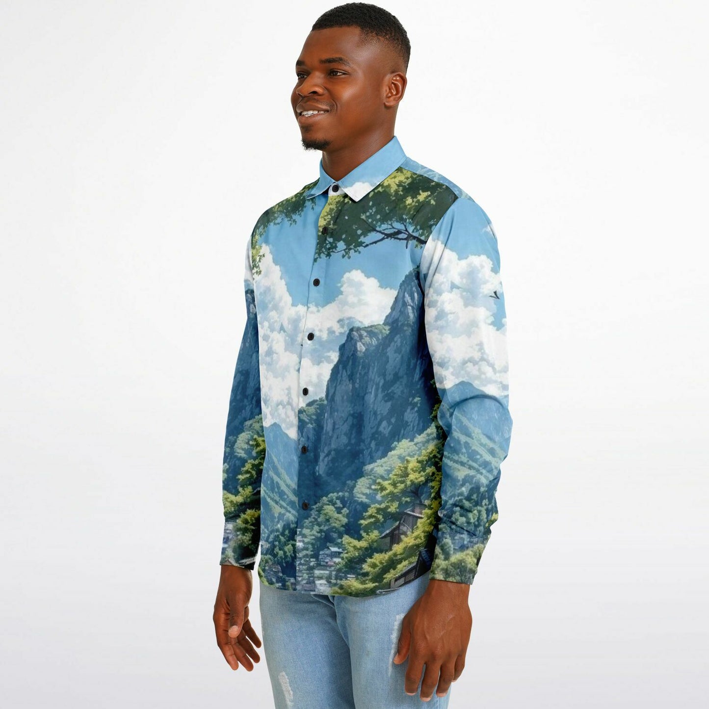 GTR in Japanese Mountain Long Sleeve Button Down Shirt - AOP