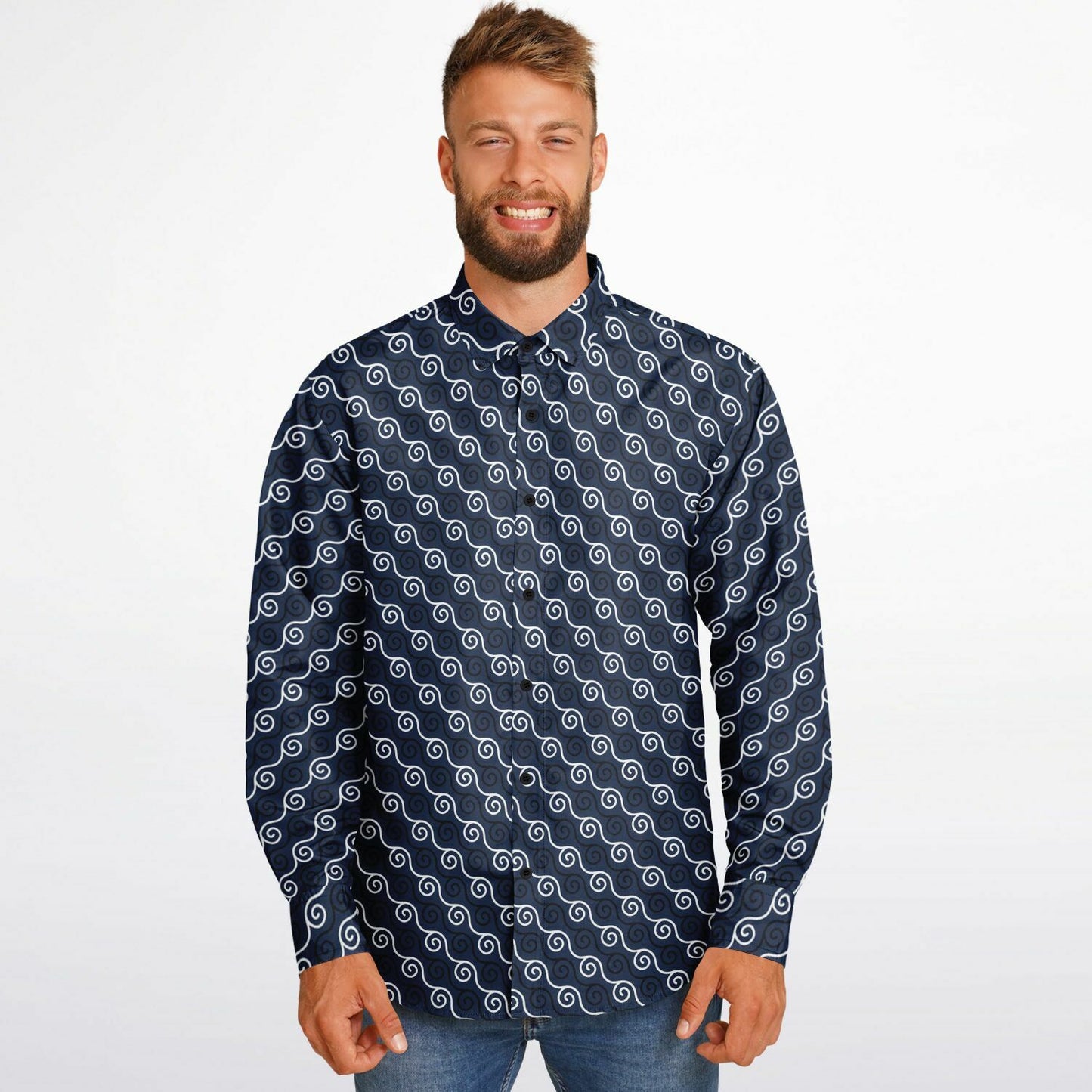 Linen Texture Print Long Sleeve Button Down Shirt - AOP