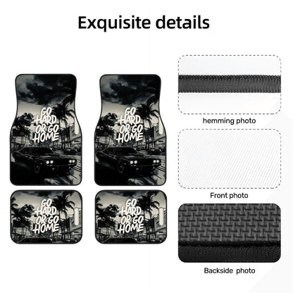 Car floor mats with 'Go Hard or Go Home' text, showing front, back, hemming, and backside views.