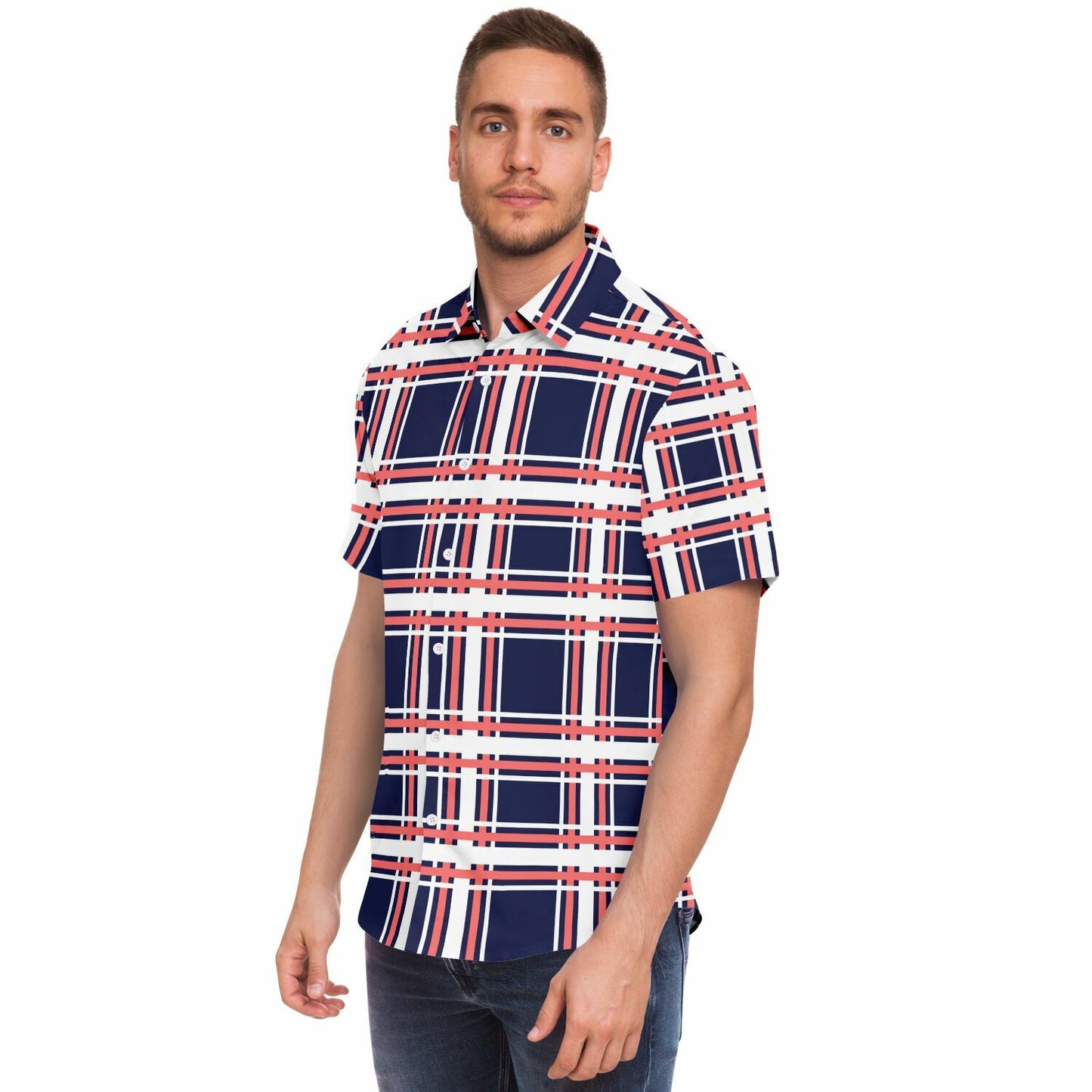Purple Patterned Short Sleeve Button Down Shirt - AOP