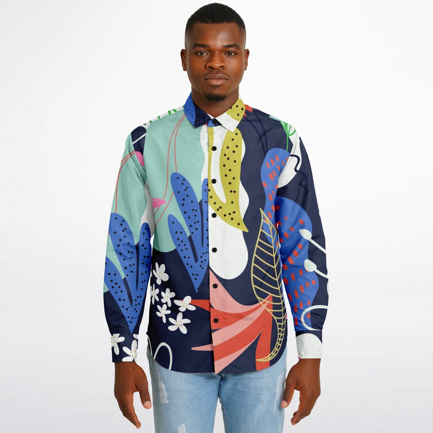 Floral Garden Hand Drawing Long Sleeve Button Down Shirt - AOP