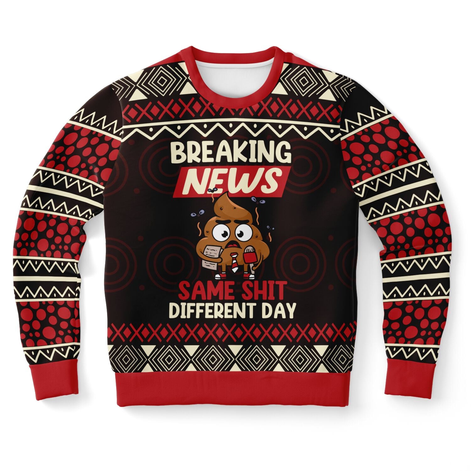 Sweater with humorous design and text on a white background