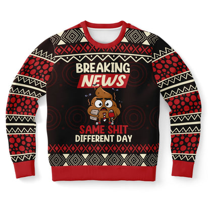 Sweater with humorous design and text on a white background