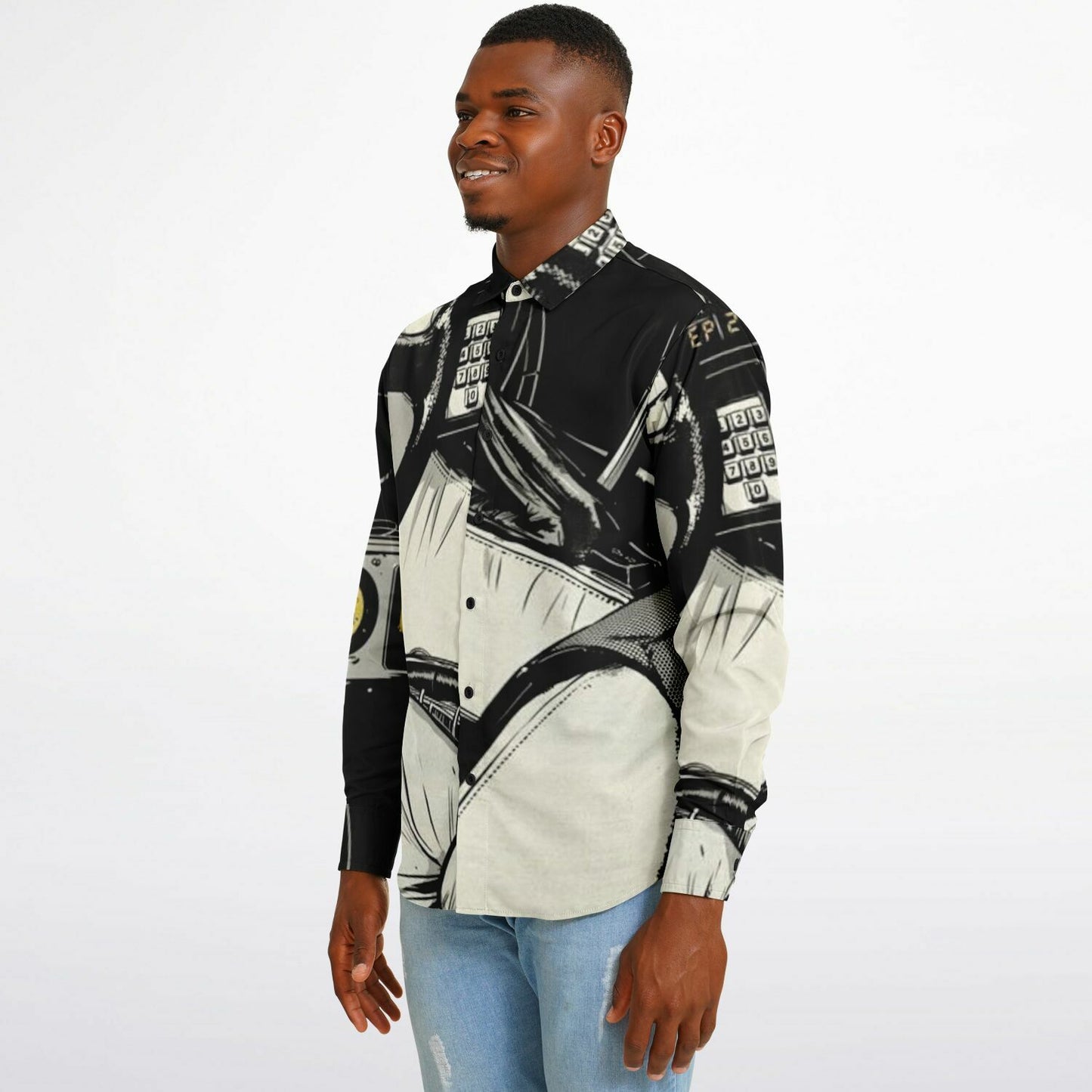 Delorean Time Machine Illustration Long Sleeve Button Down Shirt - AOP