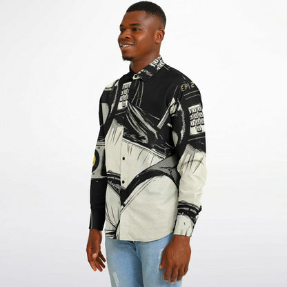 Delorean Time Machine Illustration Long Sleeve Button Down Shirt - AOP