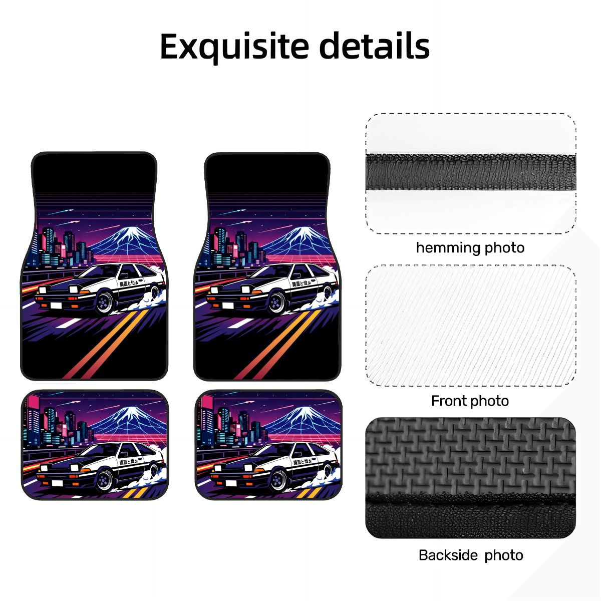 Car floor mats with a cityscape design featuring a car, hemming photo, front photo, and backside photo on a white background.