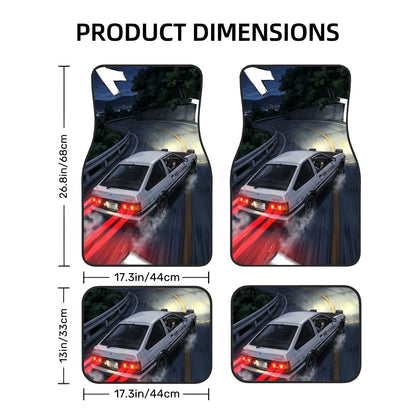 Car floor mats with a graphic of a car on a road, shown with dimensions.