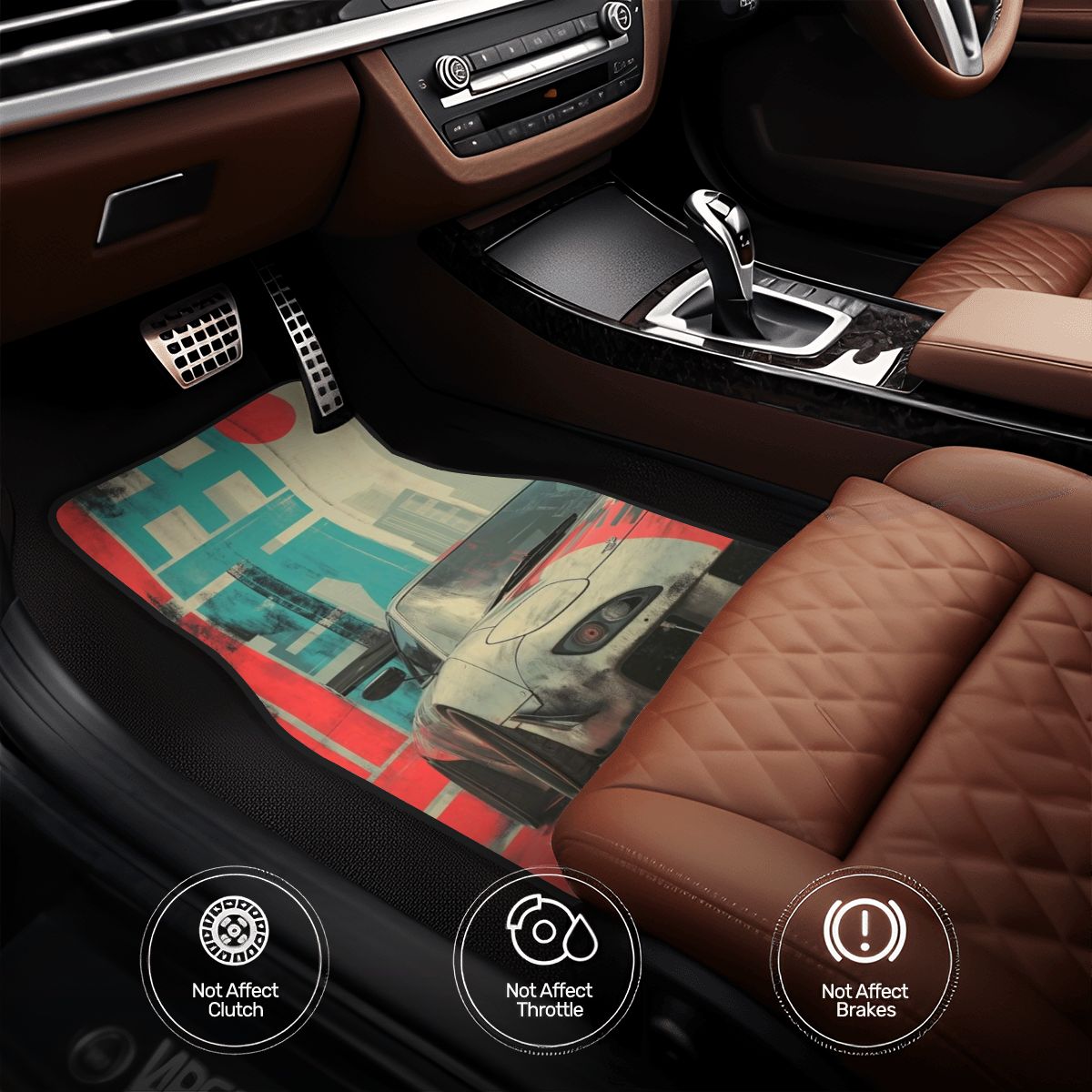 Car interior with a colorful floor mat featuring a car design.