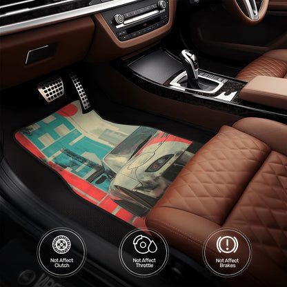 Car interior with a colorful floor mat featuring a car design.