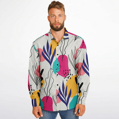 Abstract Floral Colored Pattern Long Sleeve Button Down Shirt - AOP