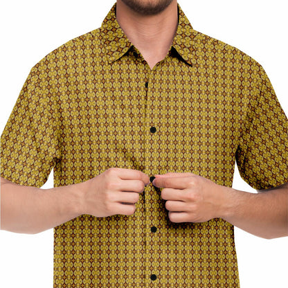 Unique Golden Pattern Short Sleeve Button Down Shirt - AOP