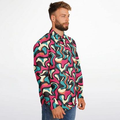 Red Blue Pattern Long Sleeve Button Down Shirt - AOP