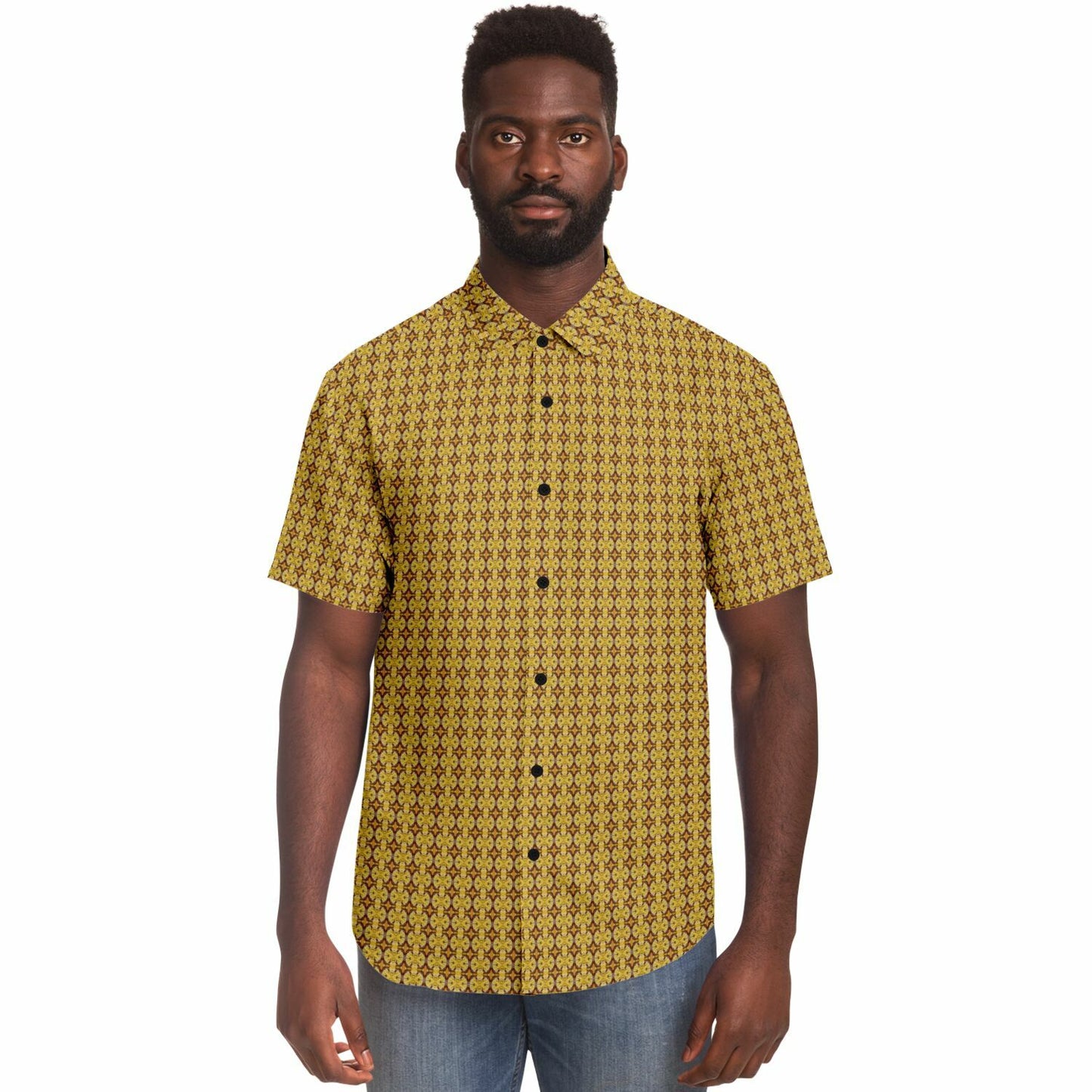 Unique Golden Pattern Short Sleeve Button Down Shirt - AOP