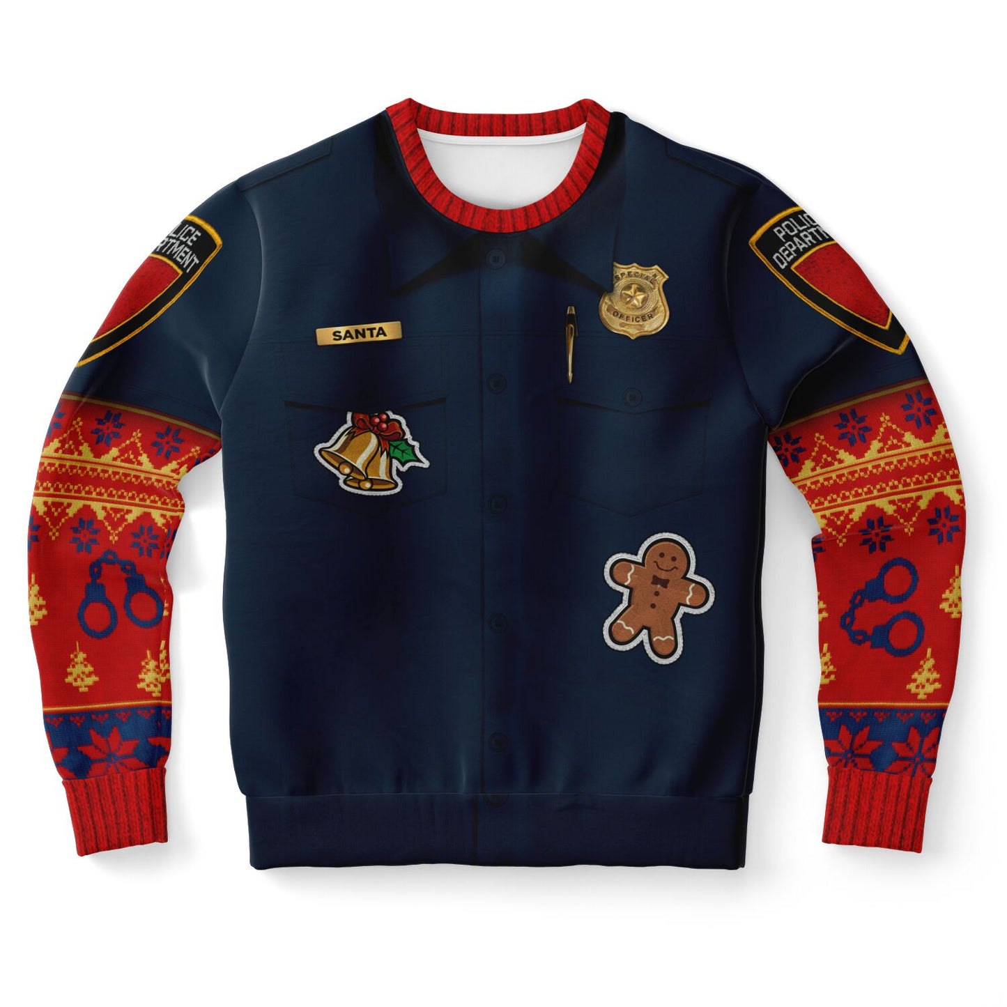 Navy blue sweater with festive designs and patches on a white background